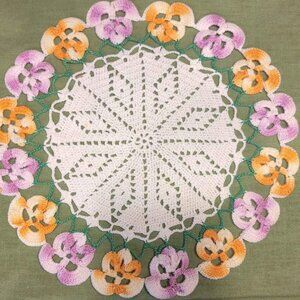 Pansies Floral Doily Vintage Crochet Handmade Orange Purple Green and White*